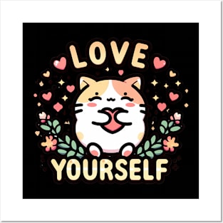 Love yourself - Cute kawaii cats with inspirational quotes Posters and Art